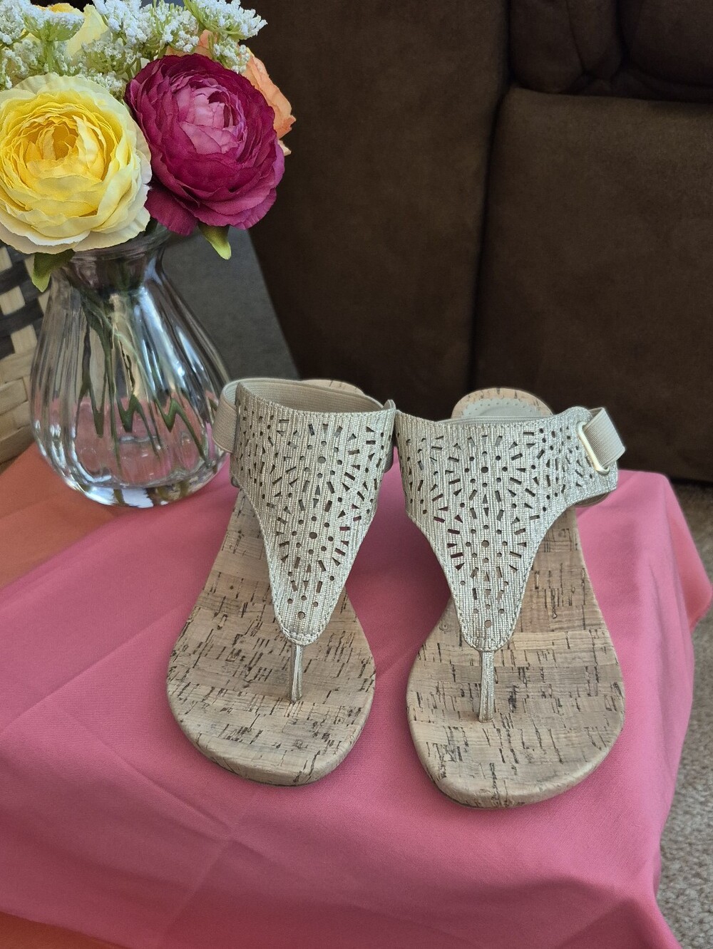 Wedge Cork Sandals - Beige Crochet Thong Sandal. SIZE 6M. BRAND NEW